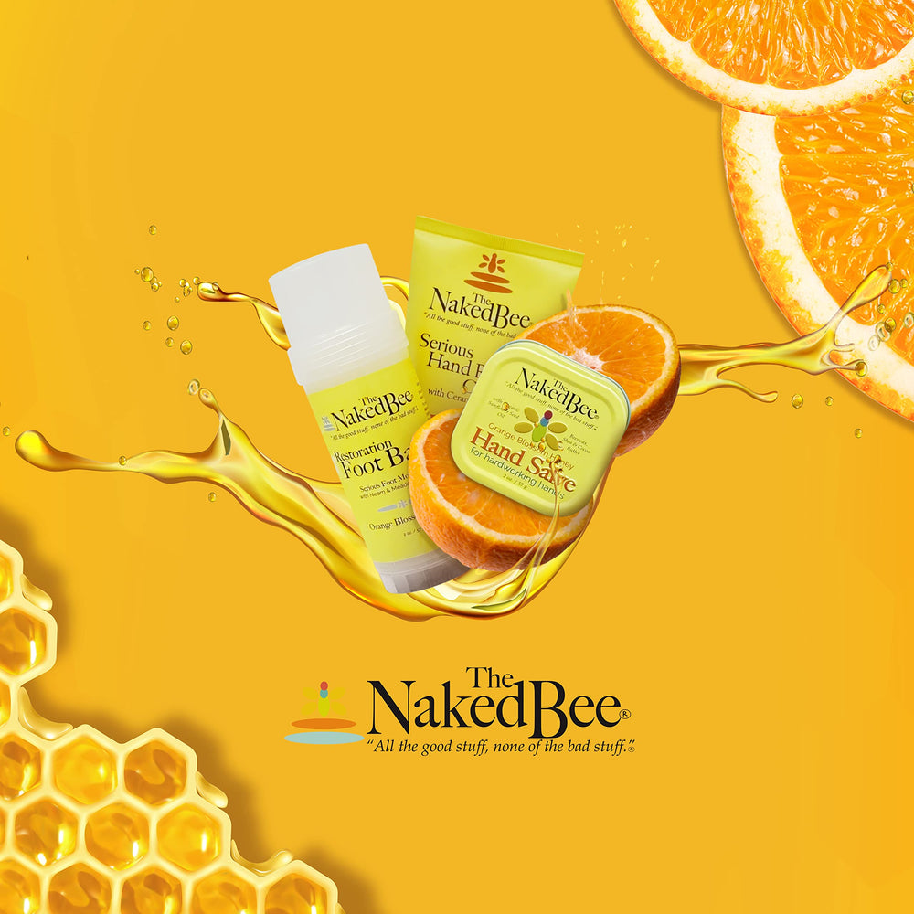 Lifestyle shot on a bathroom counter showing The Naked Bee salve as part of everyday care routine
