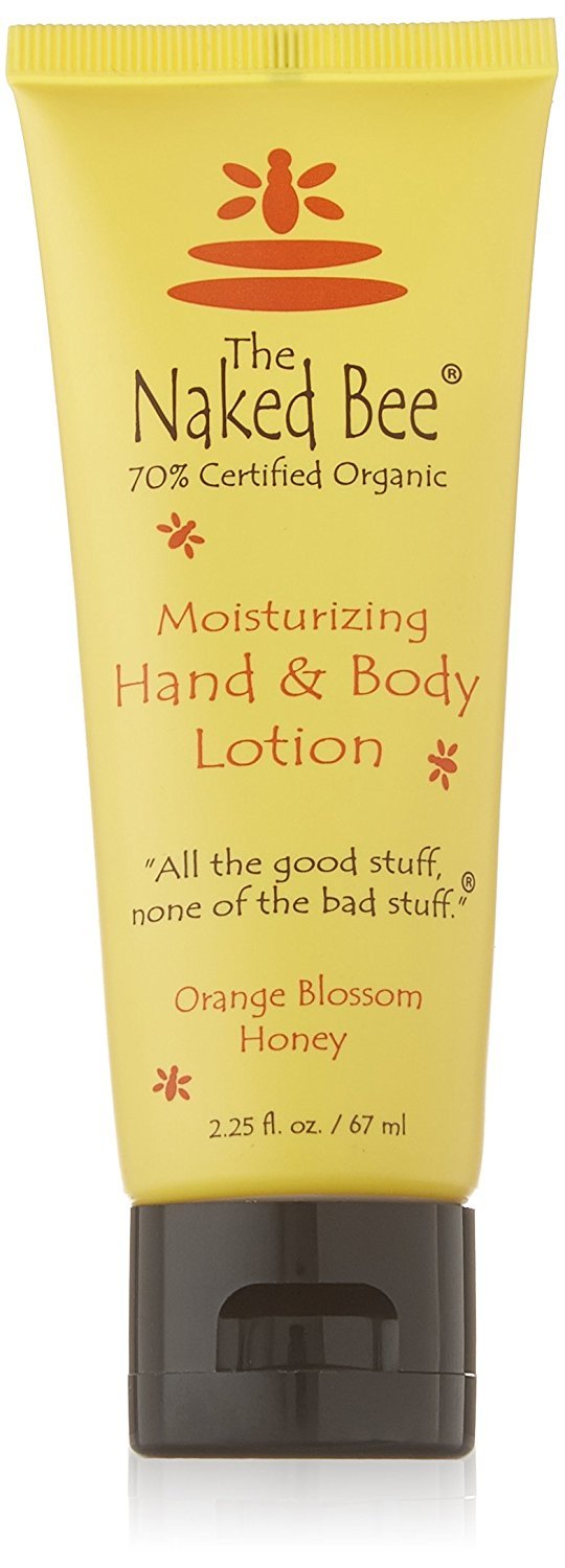 The Naked Bee front packaging shows 2.25 oz bottle and Orange Blossom Honey scent benefits