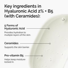 The Ordinary ingredient panel close-up showing hyaluronic acids, ceramides and B5 benefits