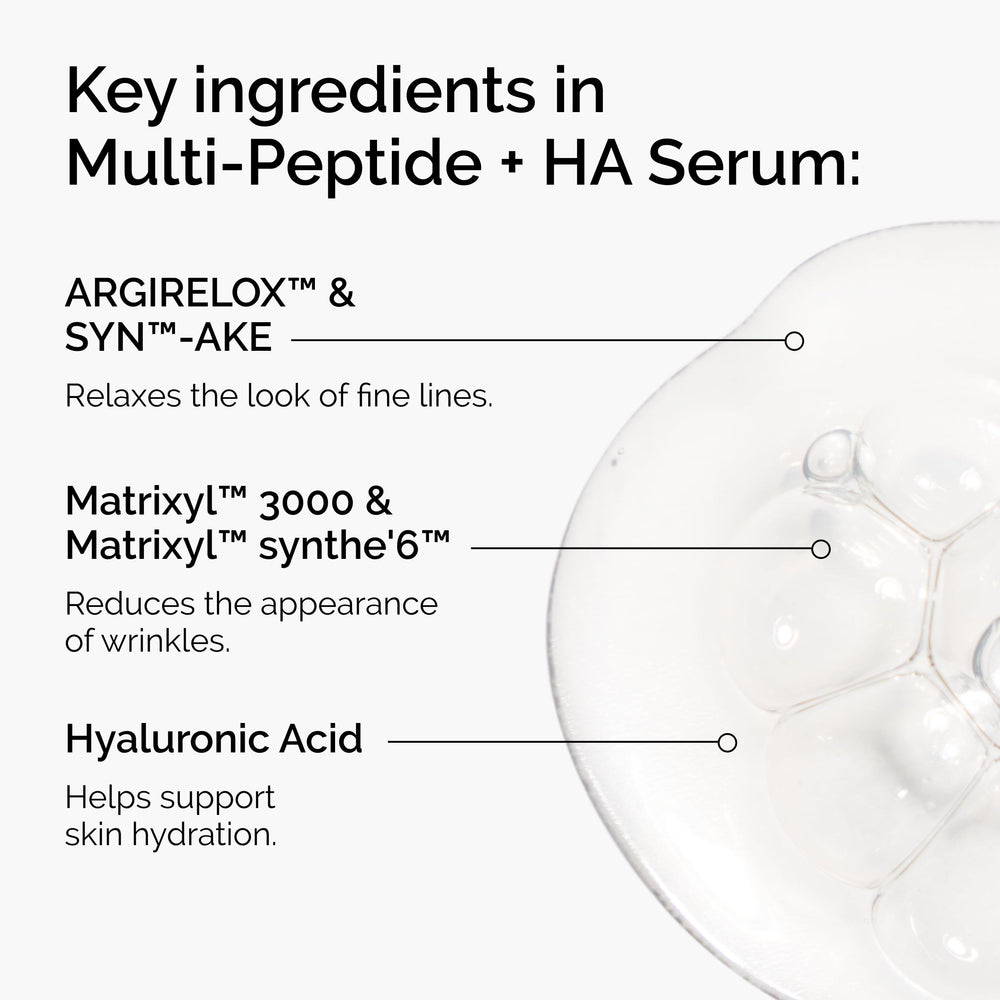 The Ordinary Multi-Peptide + HA Serum dropper dispensing a clear drop for targeted hydration