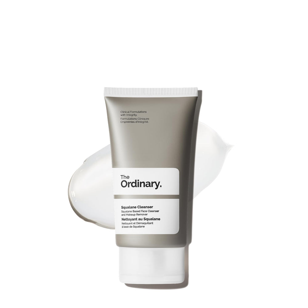 The Ordinary squalane cleanser front packaging showing travel-size bottle and clarity benefit