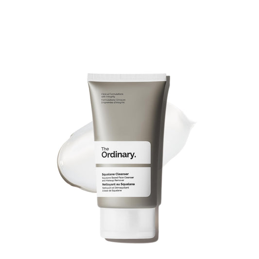 The Ordinary squalane cleanser front packaging showing travel-size bottle and clarity benefit