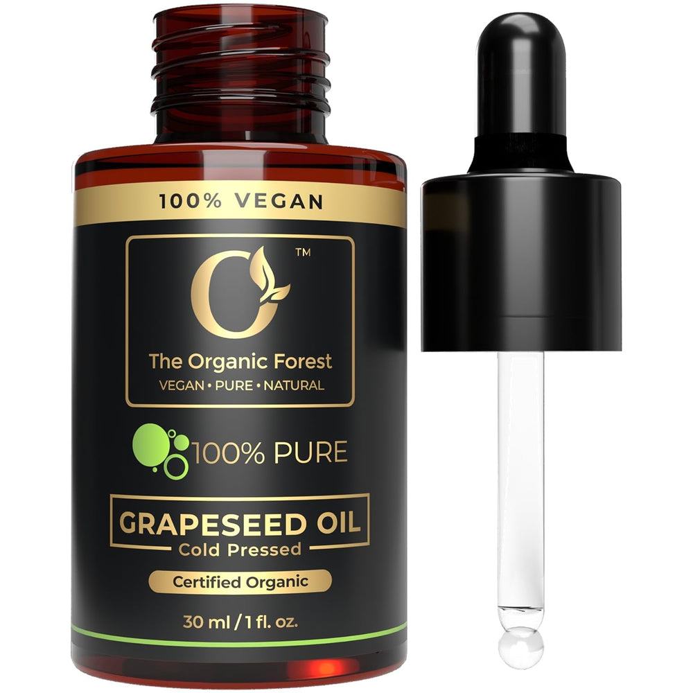 The Organic Forest grapeseed oil front bottle showing label and purity benefits