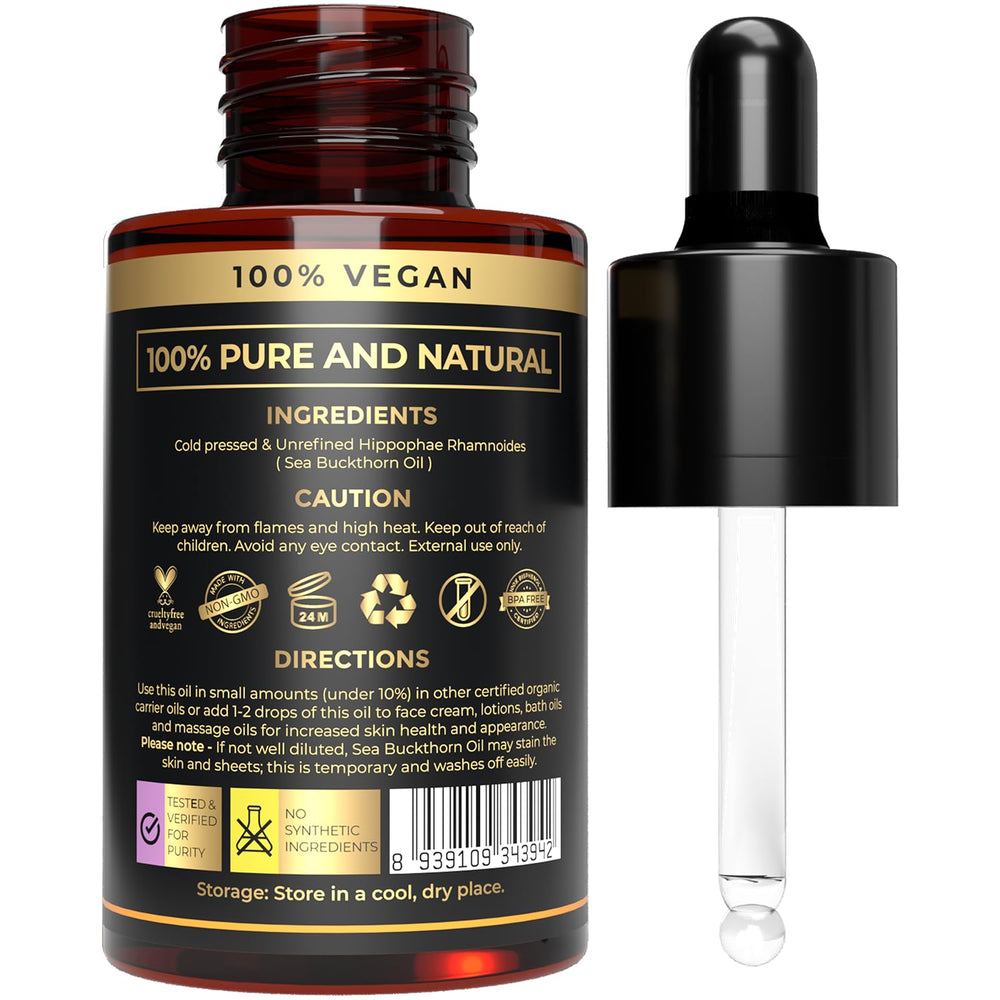 The Organic Forest sea buckthorn oil close-up texture highlighting lightweight absorption benefit