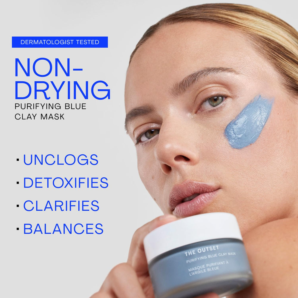 The Outset blue clay mask silky texture close-up highlighting smooth application