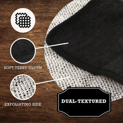 The Rustic Man wash cloth held in hand to show real-life size and convenient scale