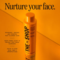 Hand applying The Shop toner to face demonstrating soothing post-shave use and quick calming