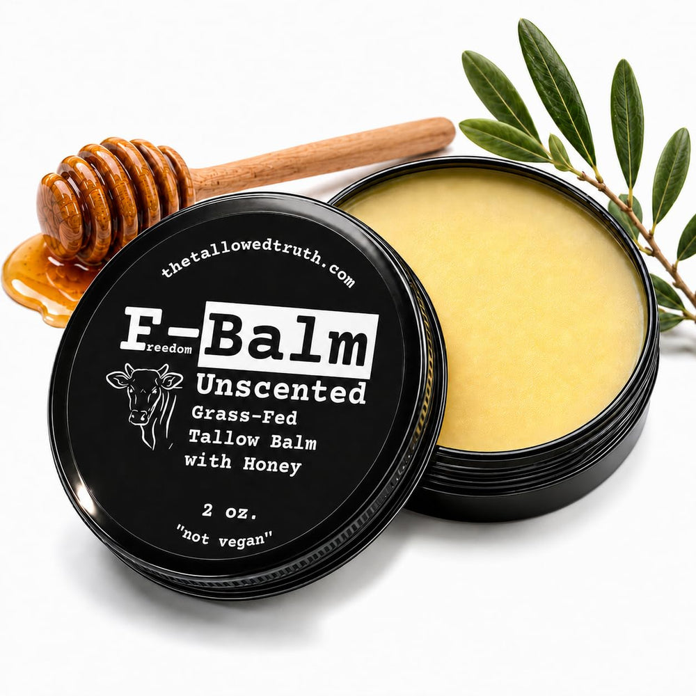 The Tallowed Truth front jar showing unscented 2 oz balm and clear label for simple skincare