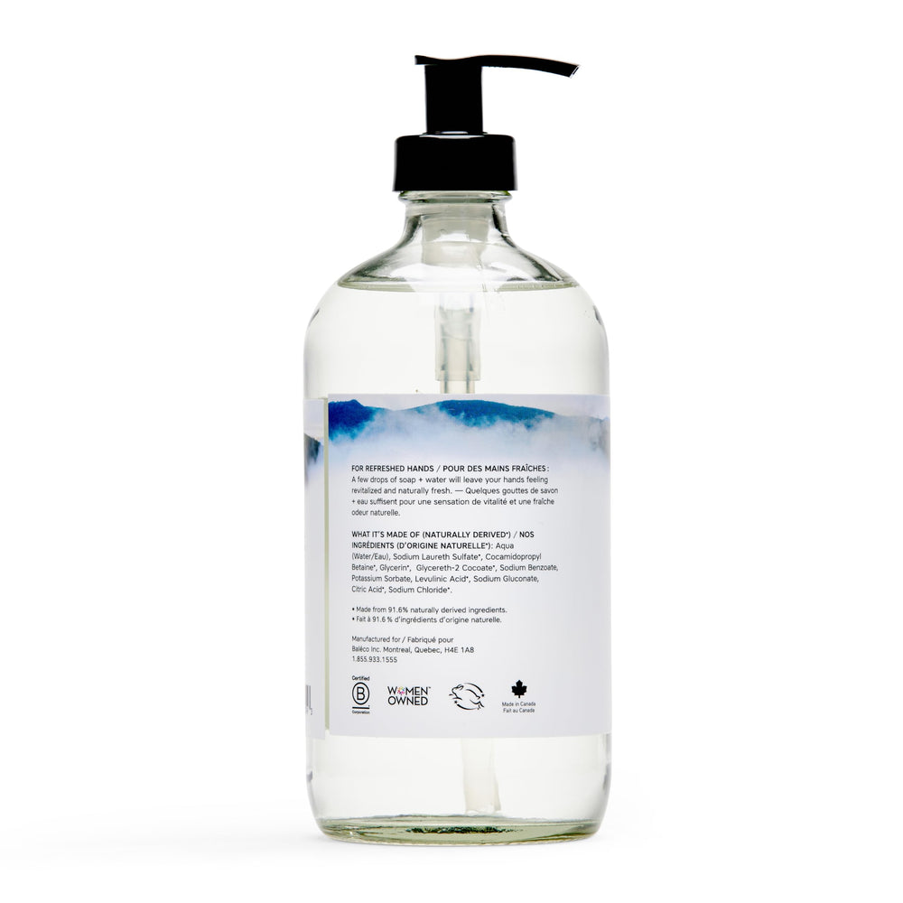 The Unscented Company soap being poured showing clear liquid texture benefit: easy-rinsing, non-greasy formula