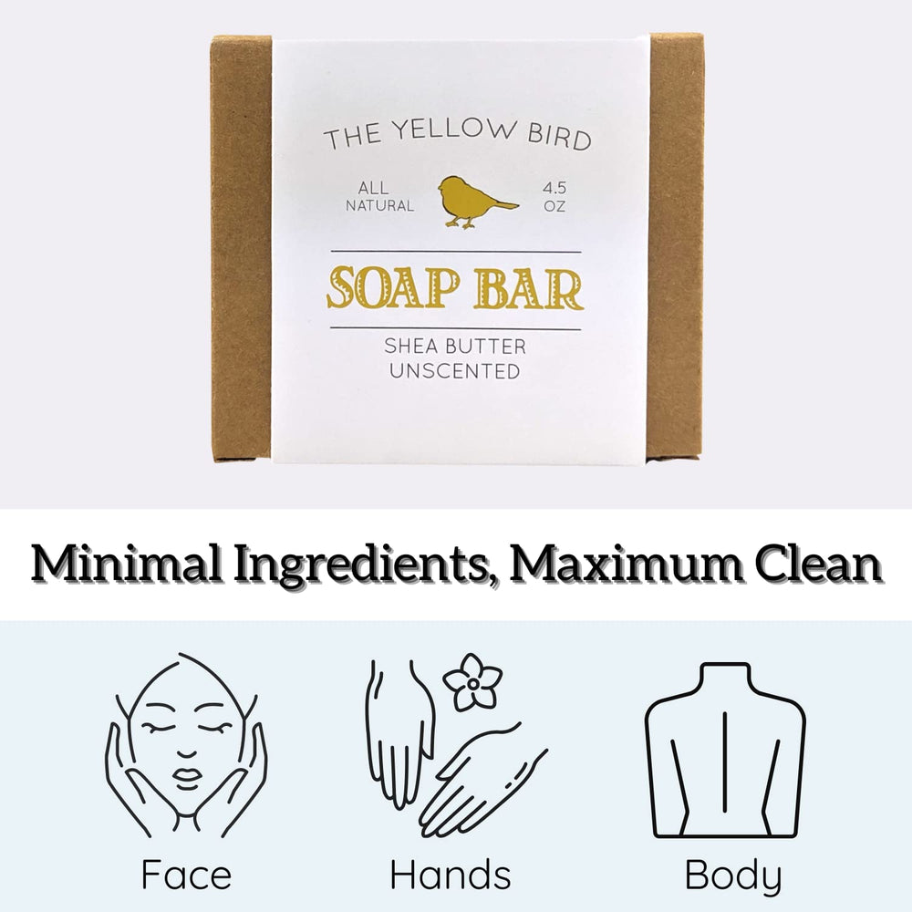 Ingredient label of The Yellow Bird soap listing organic plant oils and hypoallergenic benefits