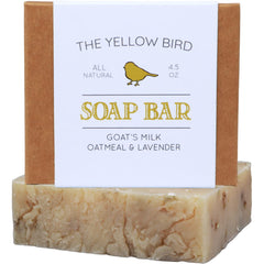 The Yellow Bird soap front packaging shows recyclable box and natural design