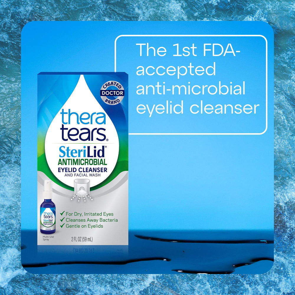 TheraTears SteriLid fine mist close-up illustrating even spray coverage for gentle cleaning
