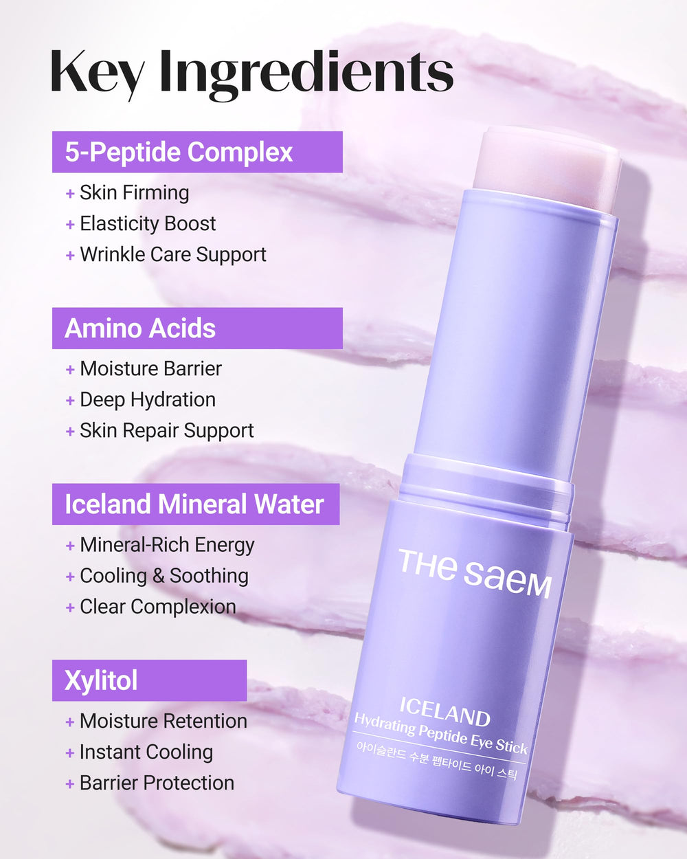 THESAEM eye stick beside ingredient bottles showing glacier water benefit