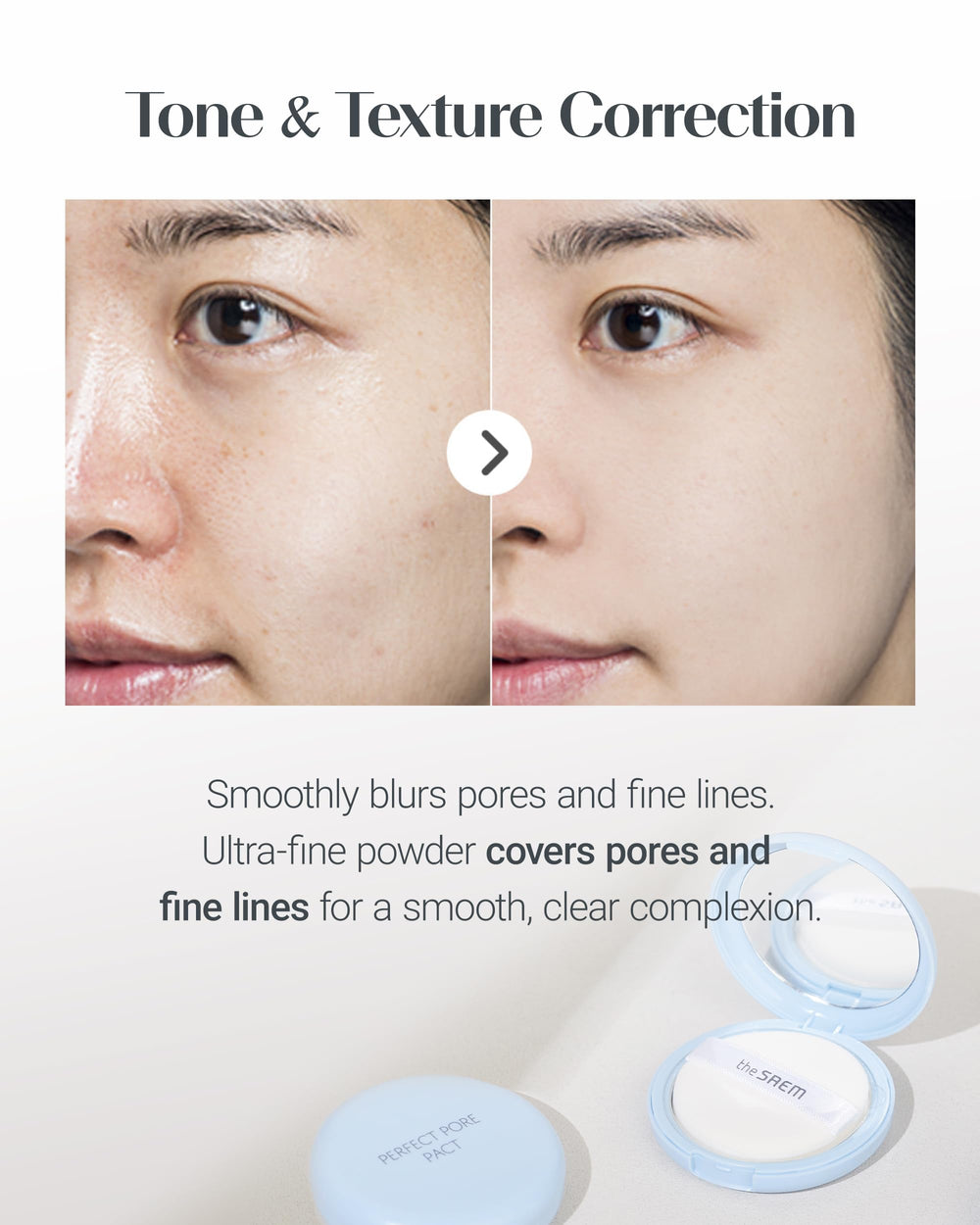 THESAEM powder texture close-up revealing fine particles for pore-blurring benefit