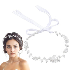 Thinp front view of headpiece showing floral pearled design for elegant styling