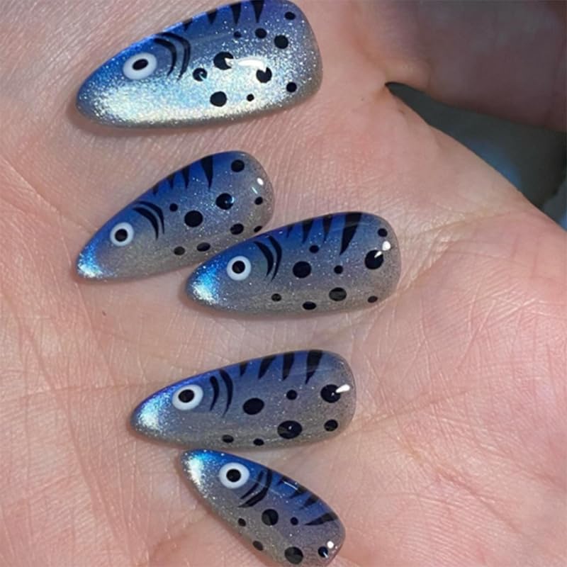 Thuoxde Blue Fish front view of almond nails showing ocean cat-eye finish and instant polish