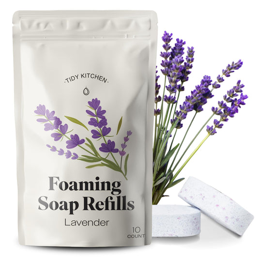 Tidy Kitchen front packaging showing ten lavender refill tablets and eco benefits