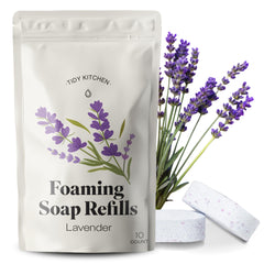 Tidy Kitchen front packaging showing ten lavender refill tablets and eco benefits