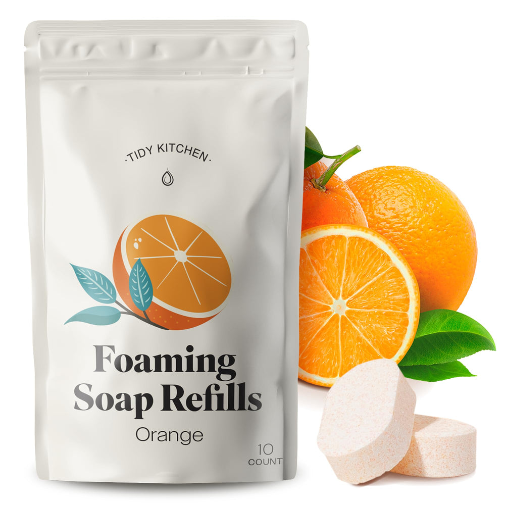 Tidy Kitchen front packaging showing orange scent and 10-count refill benefit
