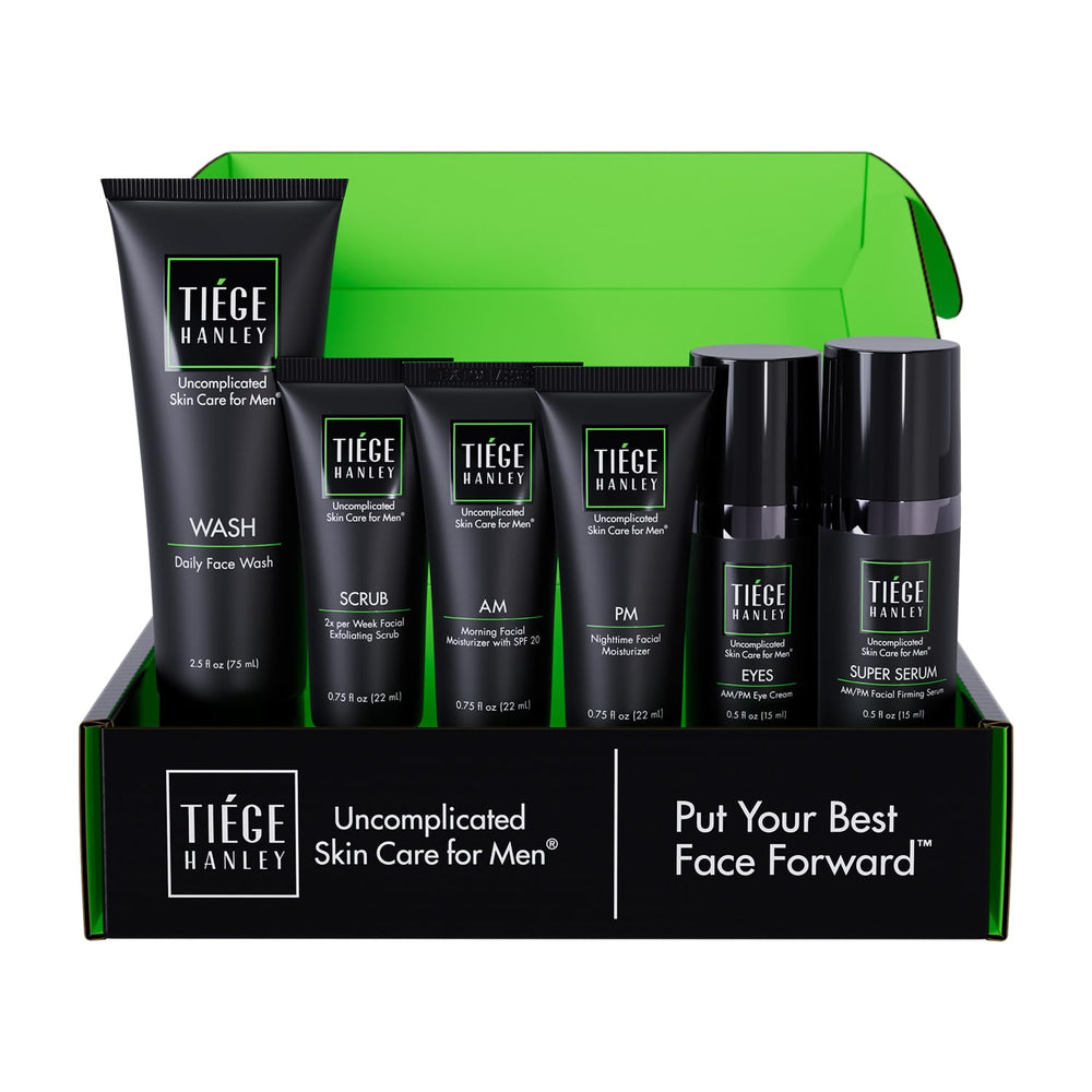 Tiege Hanley front packaging showing full six-piece kit for easy routine