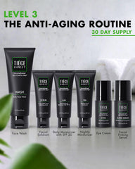 Tiege Hanley products lined up flatlay demonstrating organized daily steps