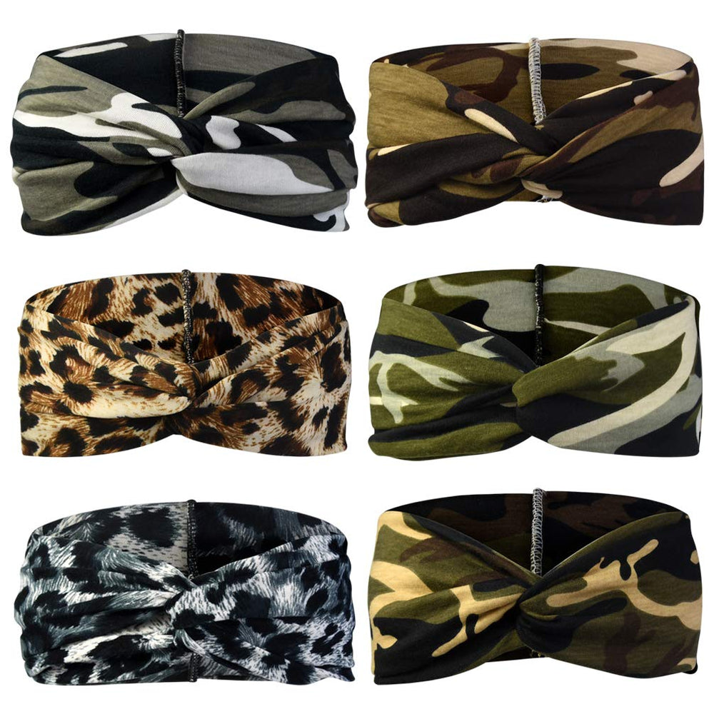 tiggell front packaging showing six camo and leopard headbands and styling options
