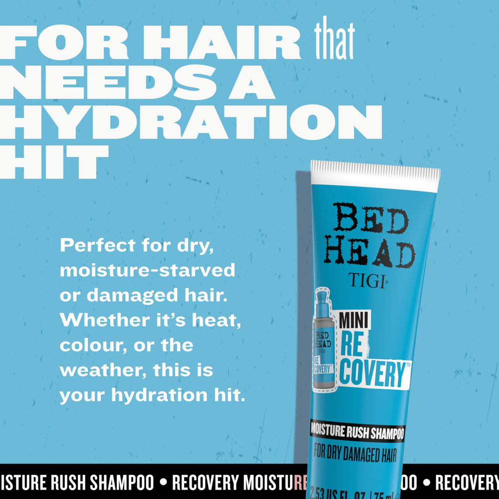 TIGI Bed Head travel shampoo beside passport to show compact size and packing convenience