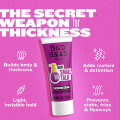 TIGI Bed Head tube beside smartphone to show compact size benefit