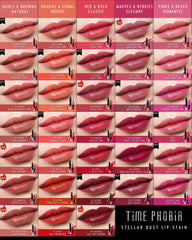 TIMEPHORIA lip swatch on model showcasing ruby purple red payoff and shine