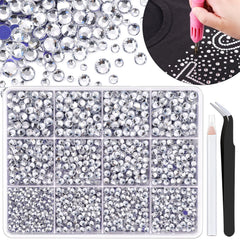 TINKRSTUFF front box of 6800 clear hotfix rhinestones showing organized grids and quantity benefit