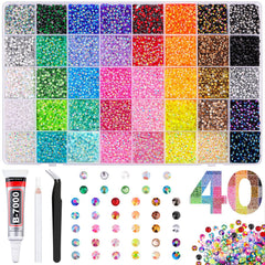 TINKRSTUFF front packaging showing 40,000 rhinestones and box for easy storage and selection