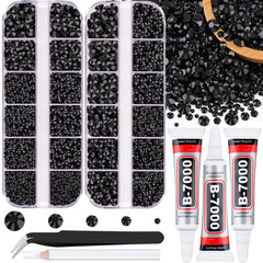 TINKRSTUFF front packaging showing organized black flatback rhinestones and included tools for easy selection