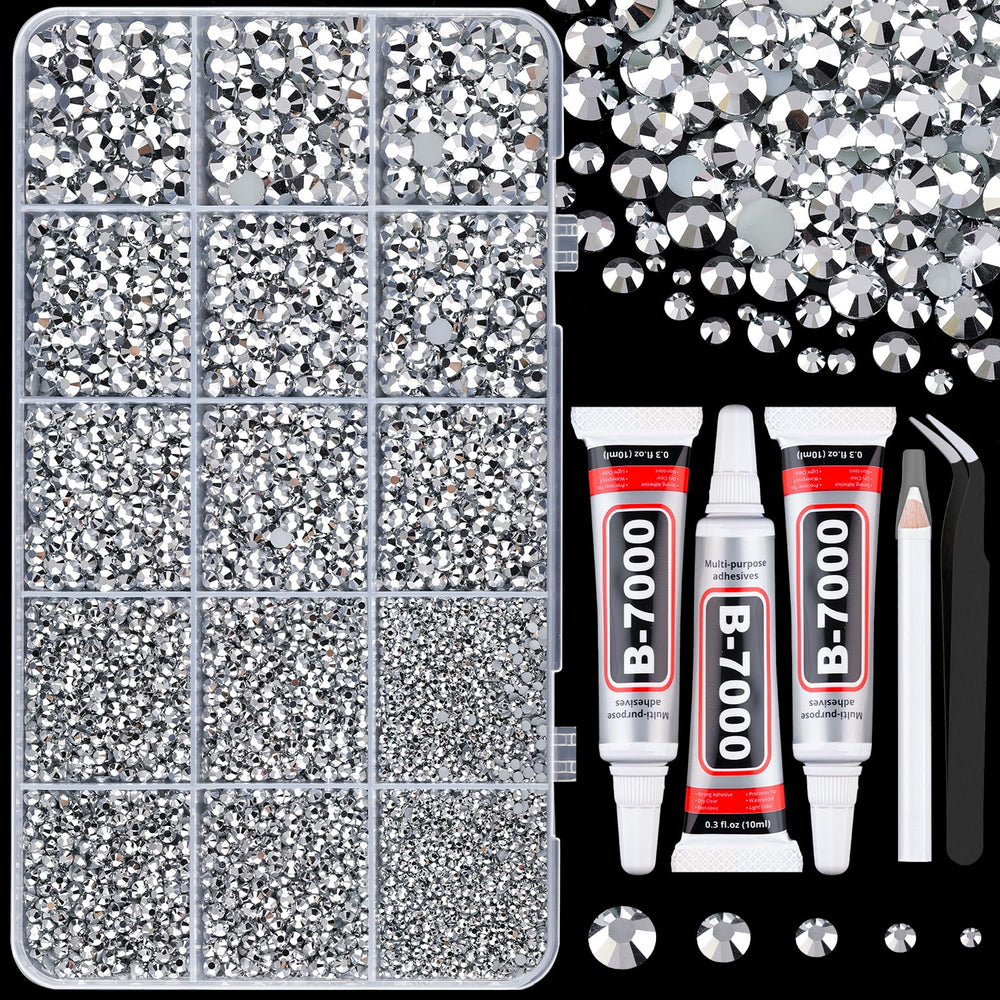 TINKRSTUFF boxed set front view showing 24 compartments and mixed silver rhinestones for large projects