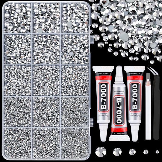 TINKRSTUFF boxed set front view showing 24 compartments and mixed silver rhinestones for large projects