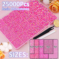 TINKRSTUFF organizer box open with 24 grids displaying sorted rhinestone sizes for quick access