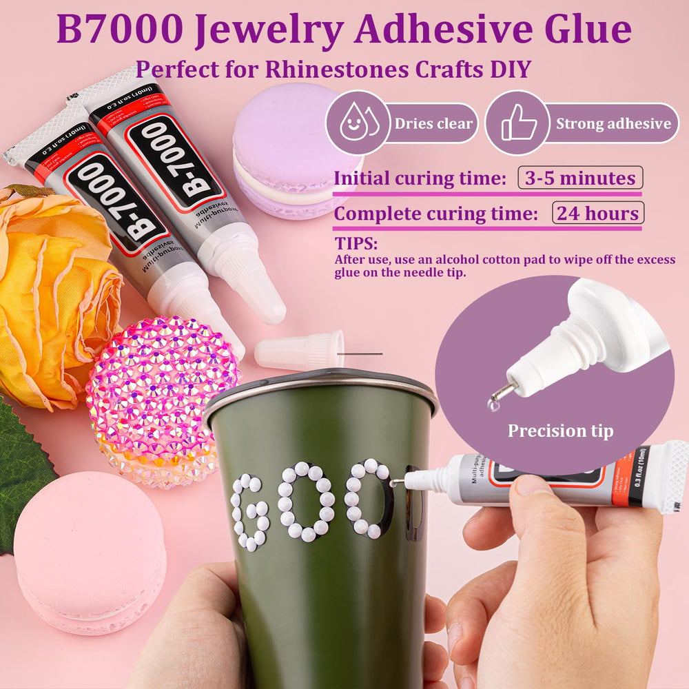 TINKRSTUFF tweezers, pickup pen and three 10ml B7000 glue tubes staged for precise application