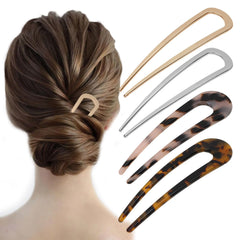 TIOSRU front view of four hair pins showing both metal and tortoiseshell options for versatile styling