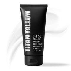 Titan Tallow front tin showing label and SPF 50 protection benefit