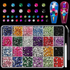 Tiwnefua front view of open 24-grid box shows organized rhinestones and pearls for easy selection