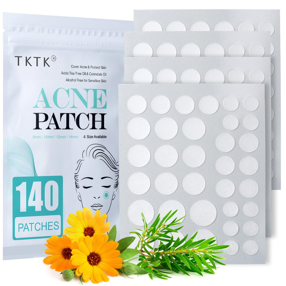 TKTK pack front showing 140 acne patches for convenient treatment