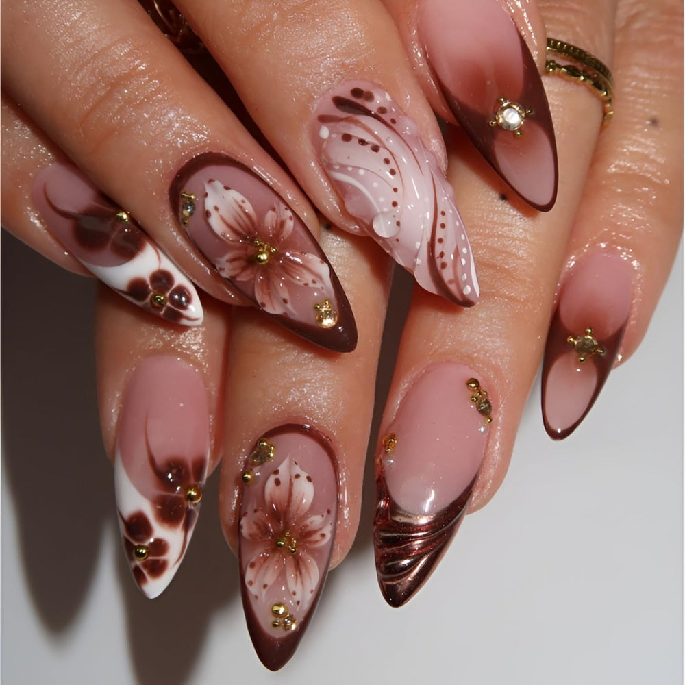 Tnbuokas front packaging showing 24-piece brown press-on set for quick manicures