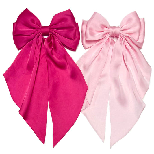Tobeffect front view of two pink satin bows showing colors and shape, ideal for styling