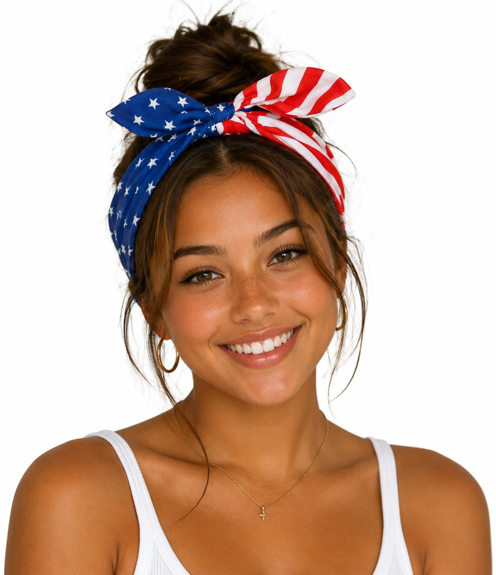 Tobeffect headband front view showing patriotic bow and full pattern benefit: instant festive look