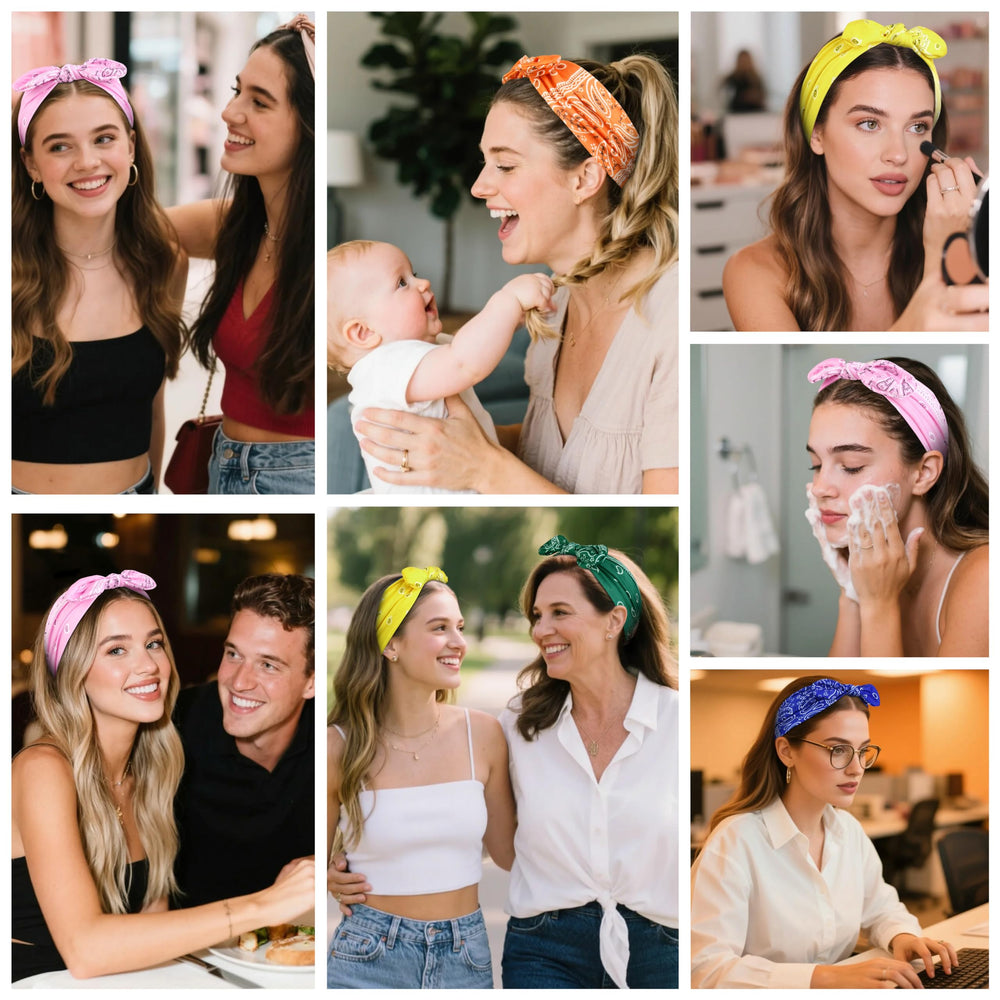 Tobeffect headband worn by model at brunch demonstrating fashionable, comfortable benefit