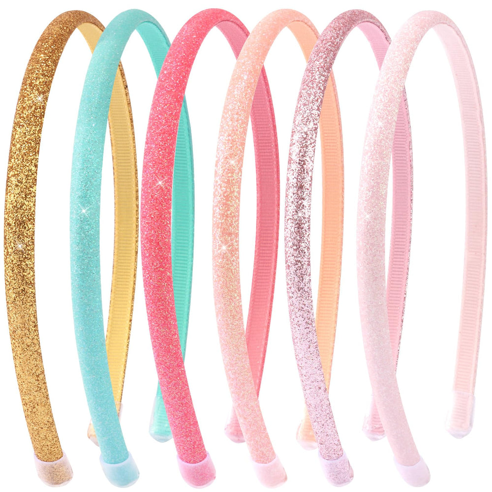 TODDER front view of six glitter headbands showing colors and pack benefit