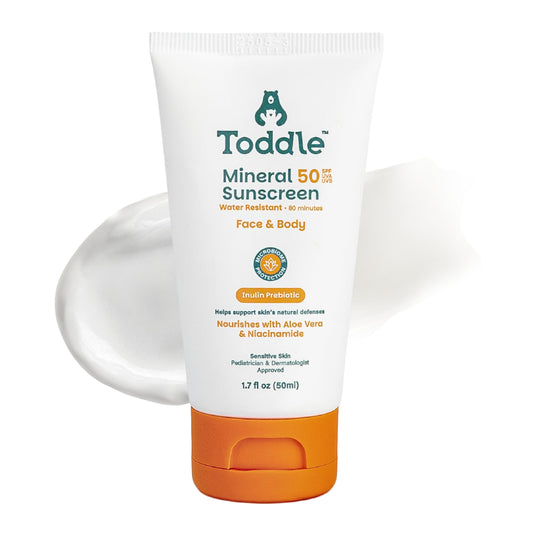 Toddle front packaging showing SPF 50, travel-size protection