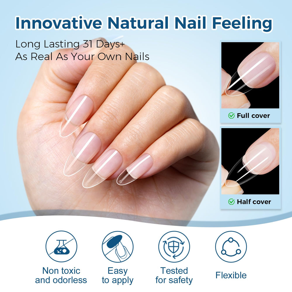 TOMICCA tip on hand model showing scale and natural almond look