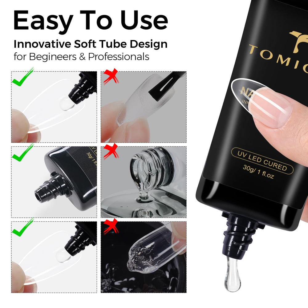 TOMICCA cured press-on nail detail showing glossy, secure bond and natural look