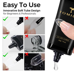 TOMICCA cured press-on nail detail showing glossy, secure bond and natural look