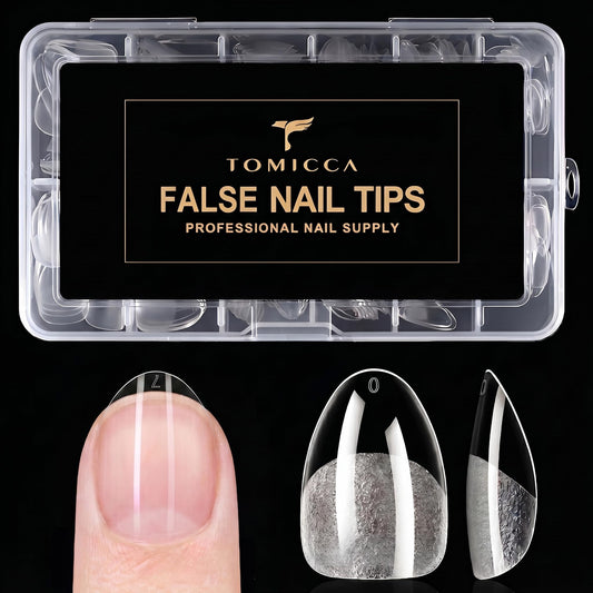 TOMICCA front packaging showing 240 extra short almond tips for easy selection and storage
